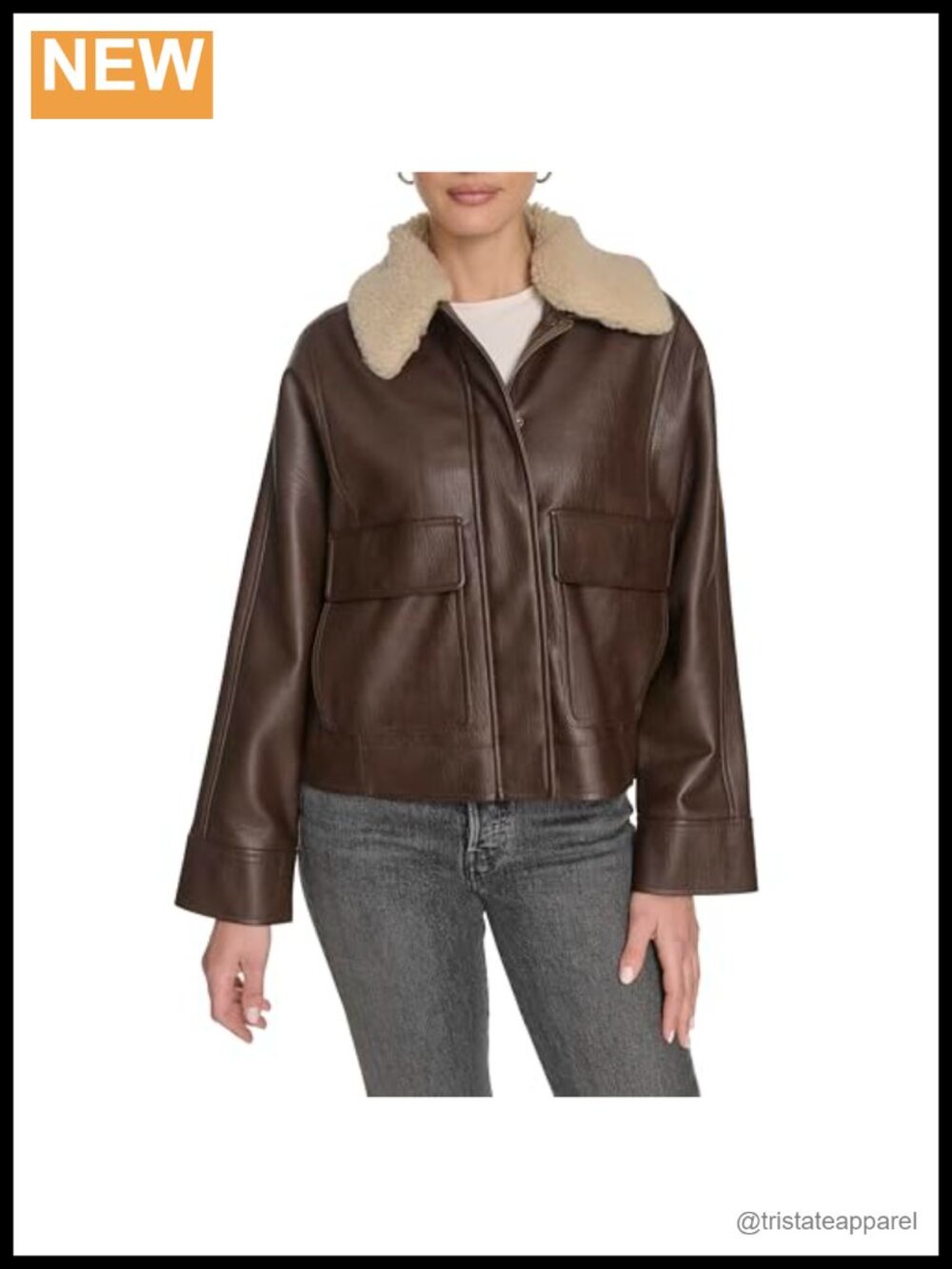 Women's Relaxed Faux Leather Aviator Jacket with Removable Sherpa Collar
